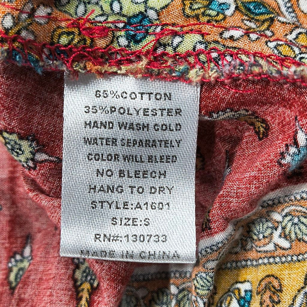 (S) Women's Umgee Red Yellow and Green Mixed Media Patterned Hi-lo Boho Dress - Picture 5 of 7